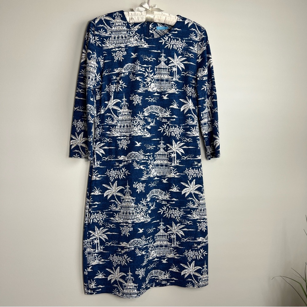 J. McLaughlin Sophia Tongsai Palms Tropical Navy Asian Inspired Sheath Dress S